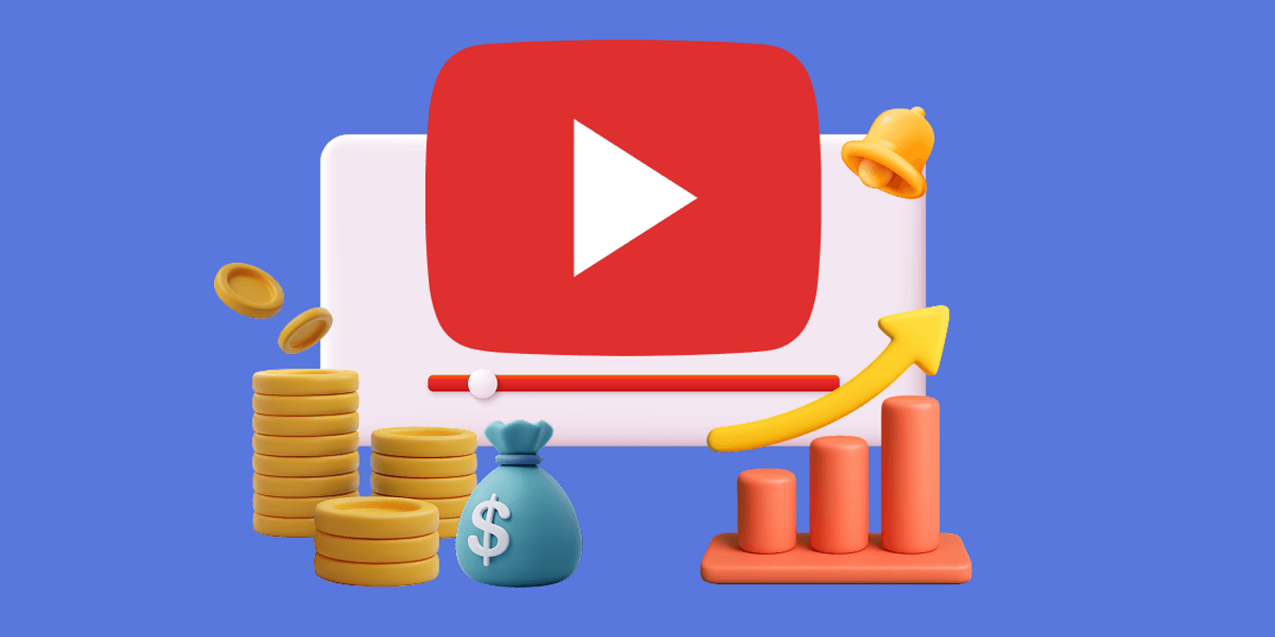 YouTube logo with money stacks, growth chart, and notification bell representing monetization