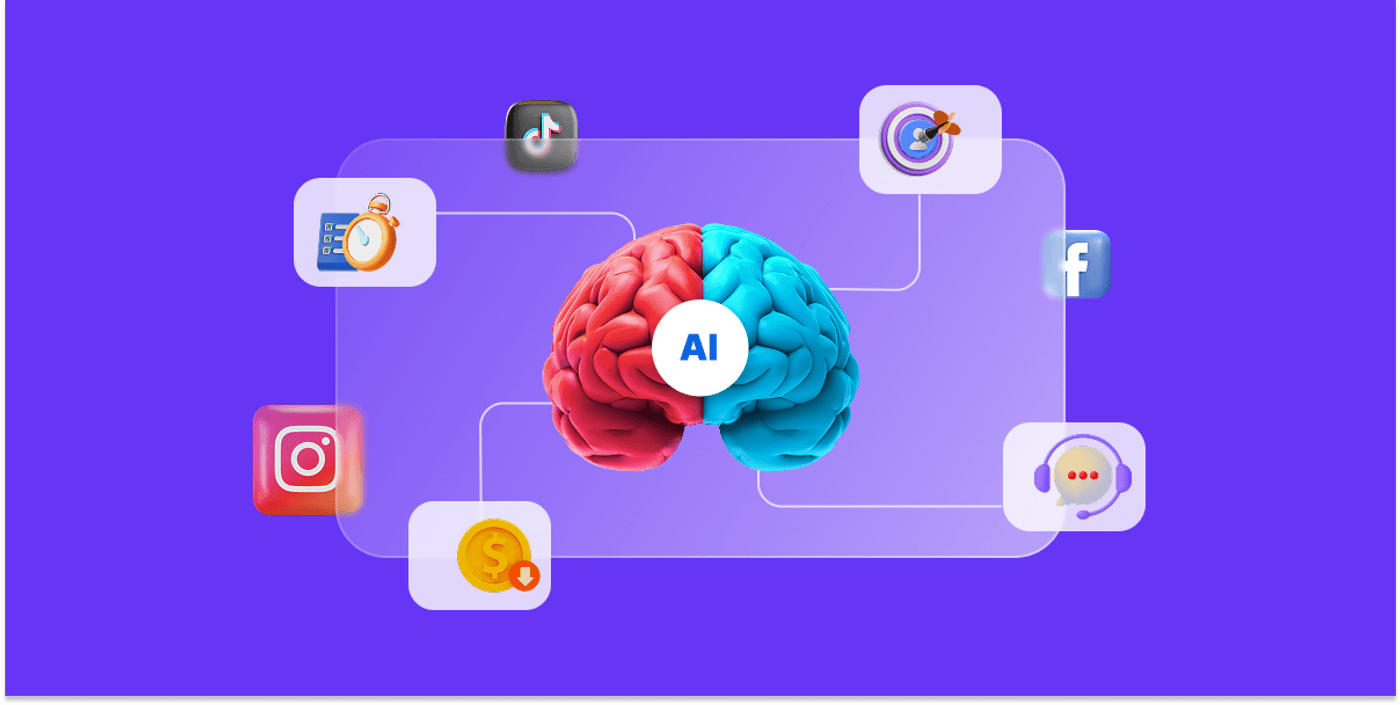 AI brain connecting social media, time, money, creativity, and support tools in digital space