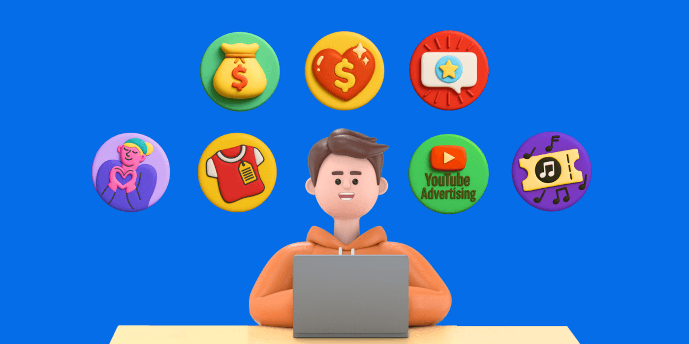 Person using laptop with icons of money, merchandise, advertising, and music showing YouTube monetization methods.