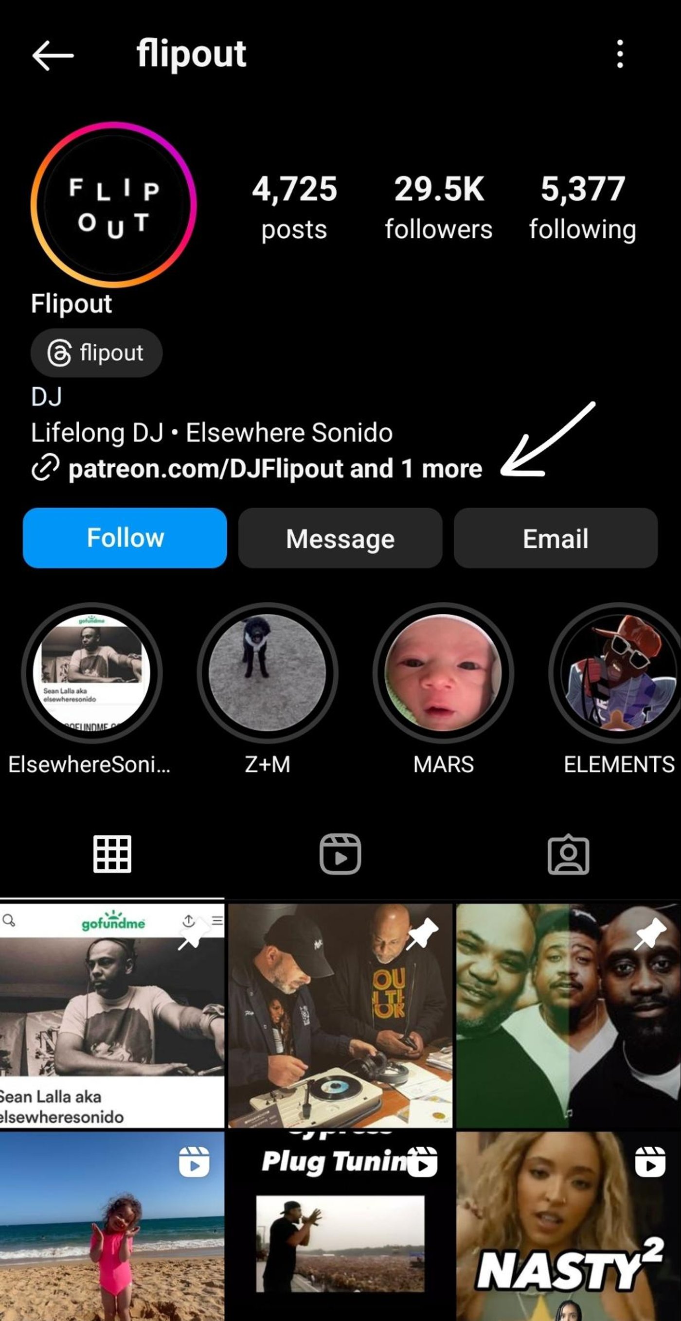 Flipout Instagram profile showing follower count, Patreon link, and contact buttons for engagement.