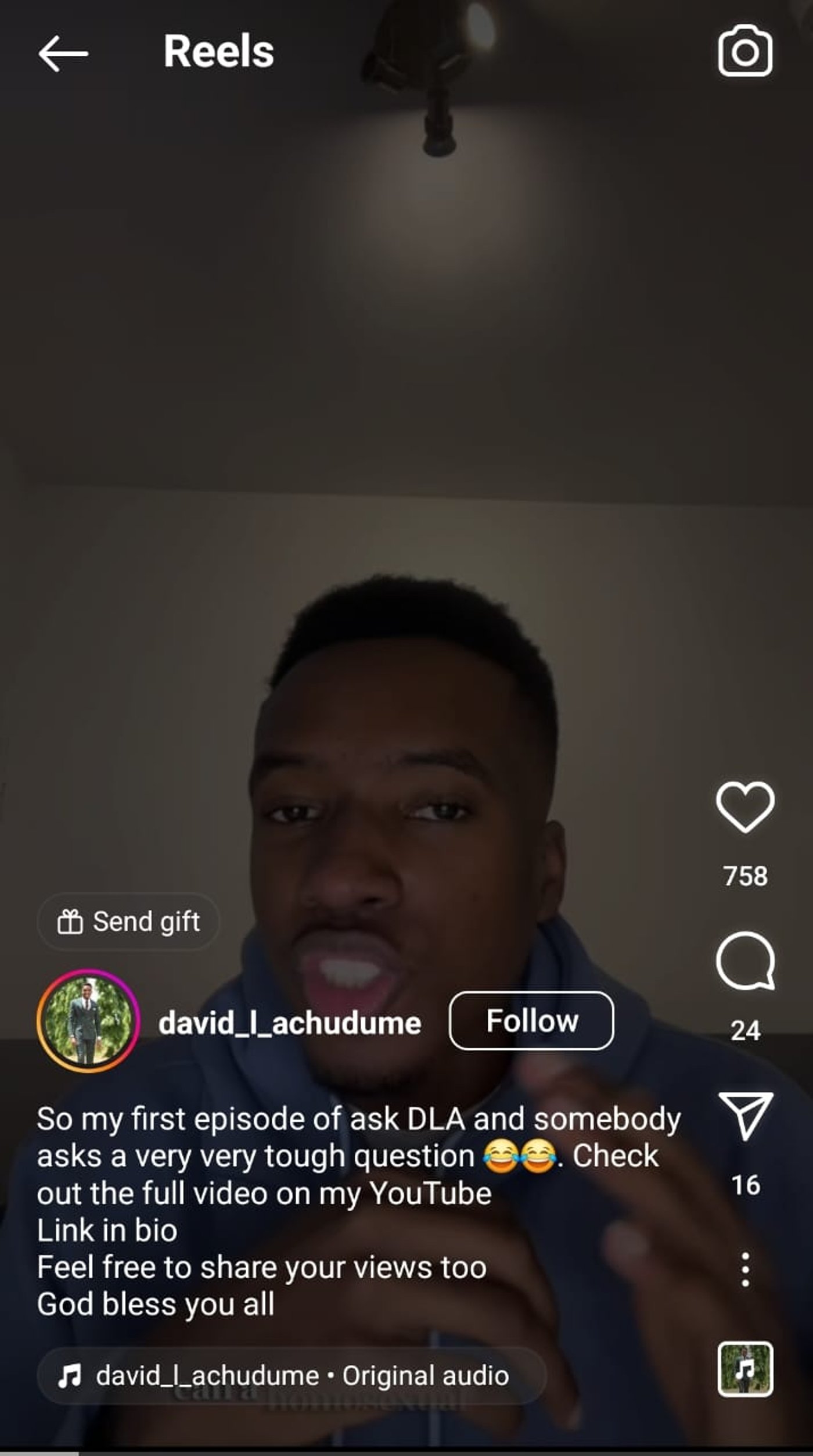 Instagram reel of David sharing insights, inviting discussions, and promoting YouTube channel link.