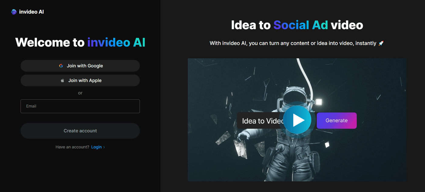 Welcome to Invideo AI platform for creating social ad videos from ideas instantly.