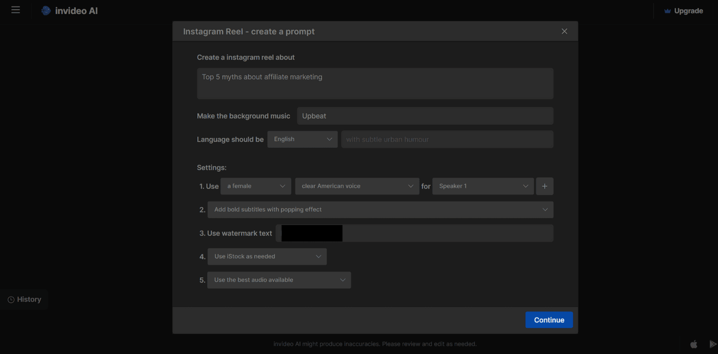 Instagram Reel creation interface in Invideo AI showing prompt, music, language, and customization options.