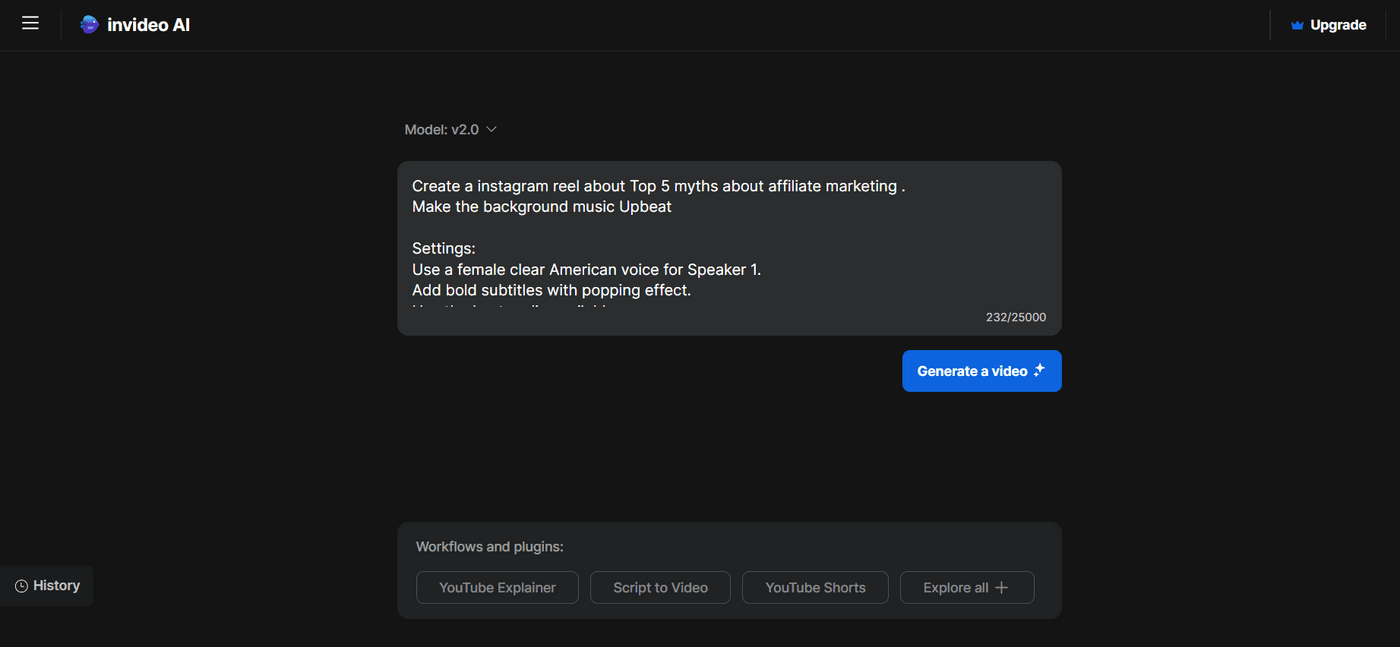 Invideo AI interface showing reel creation settings, prompt for affiliate marketing myths, and subtitles.