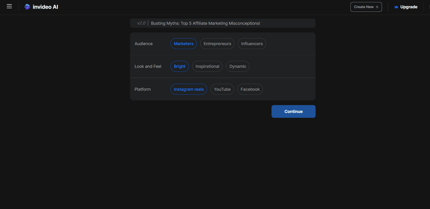 Affiliate marketing reel creation settings in Invideo AI: audience, look and feel, platform options.