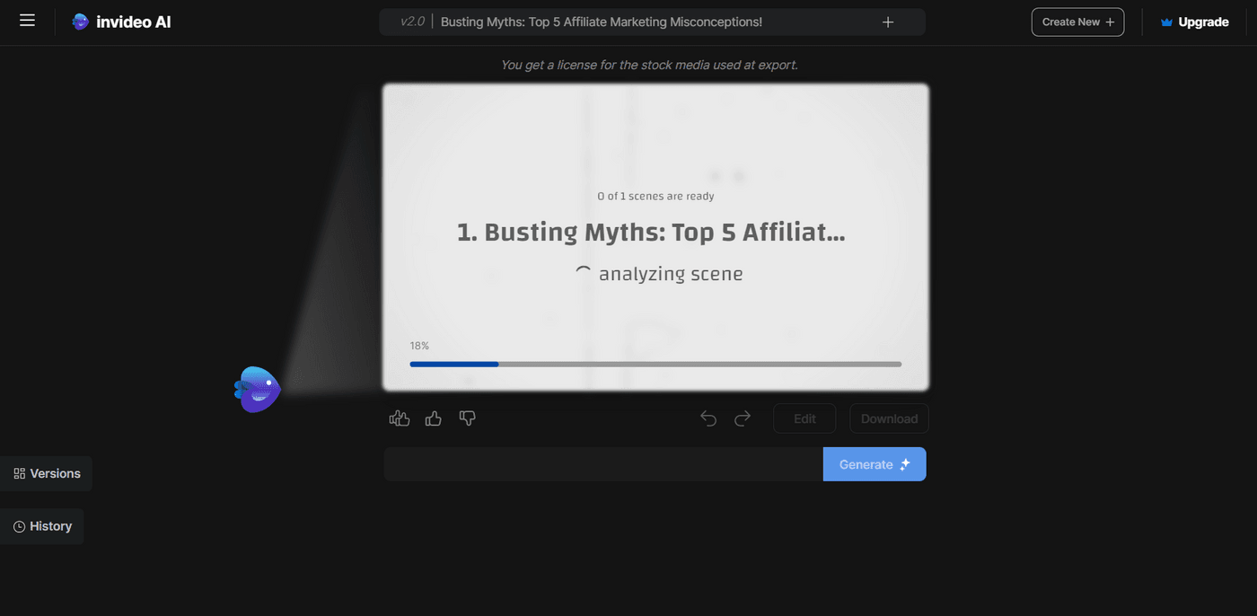 Generating video scenes for affiliate marketing myths using Invideo AI; analyzing scene progress.