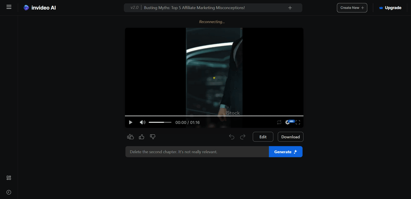 Previewing generated video for affiliate marketing myths using Invideo AI; reviewing chapters.