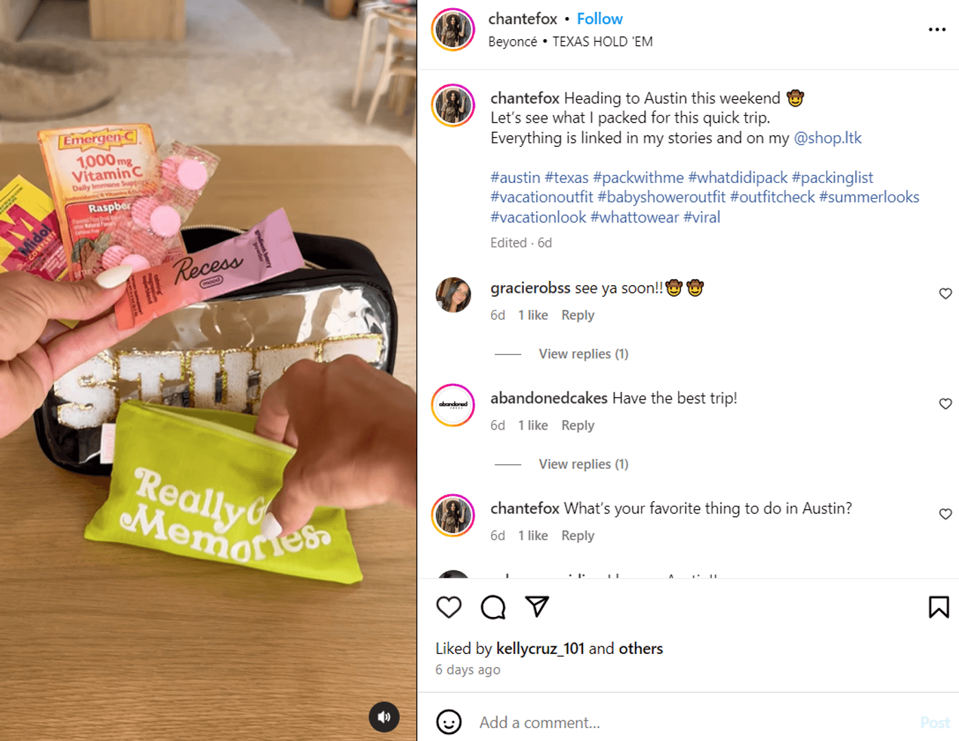 Packing essentials for a quick Austin trip, featuring travel pouches and vitamin supplements.