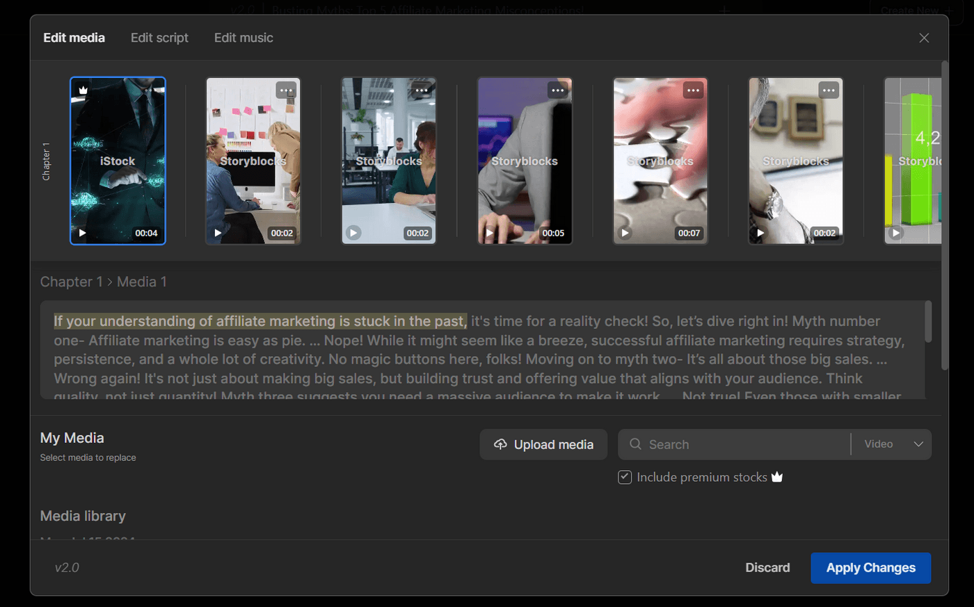 Editing affiliate marketing video on Invideo AI, selecting media clips and adjusting script highlights.