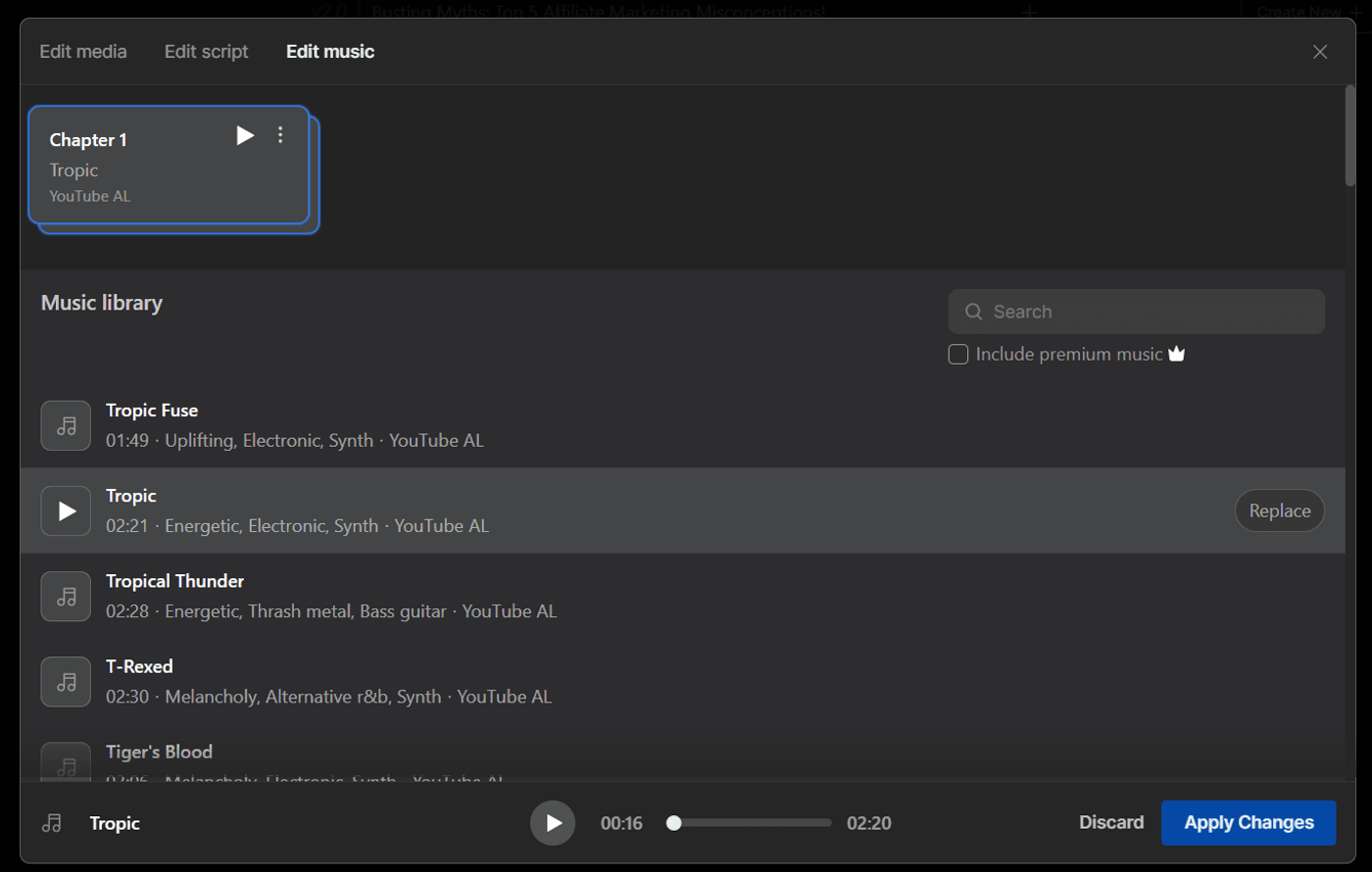 Selecting energetic background music for affiliate marketing video, enhancing its engaging and professional feel.