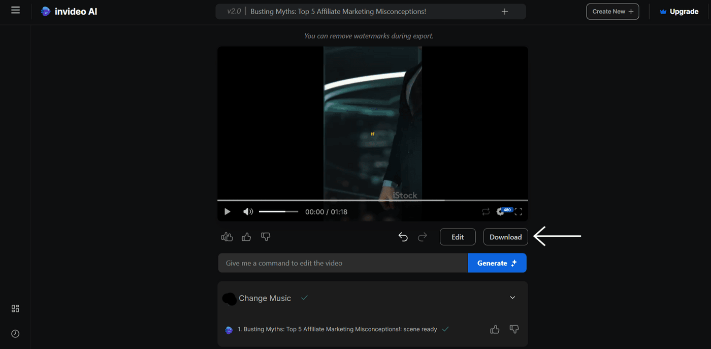 Download button highlighted for saving your affiliate marketing video created with Invideo AI.