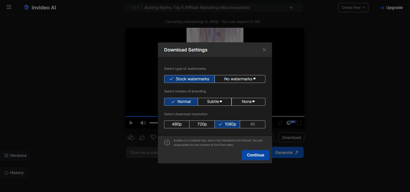 Invideo AI download settings with options for watermarks, branding, and video resolution selection.
