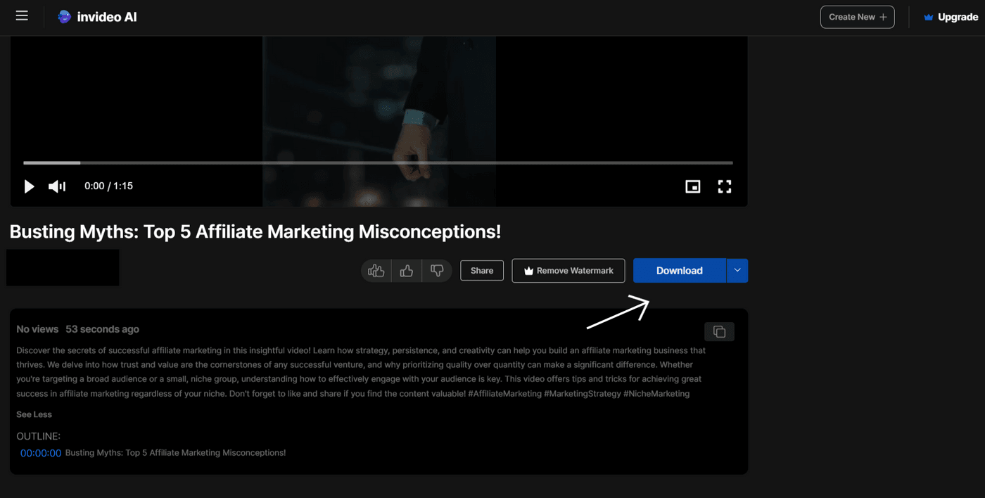 Invideo AI video download screen showing 'Busting Myths: Affiliate Marketing Misconceptions' with options.