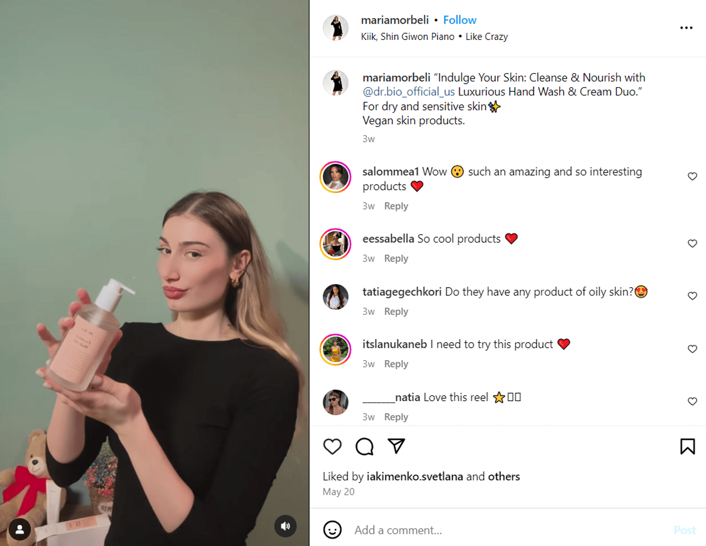 A woman showcasing vegan hand wash and cream duo for dry and sensitive skin.