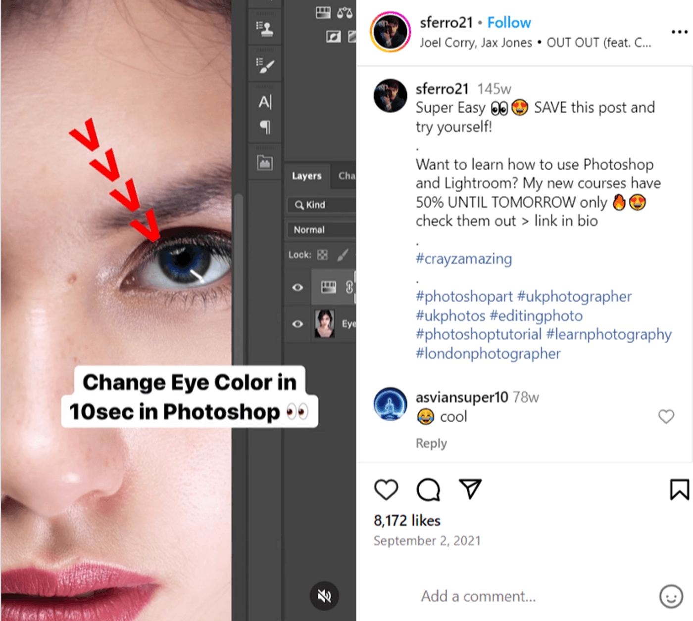 Close-up tutorial on changing eye color in Photoshop, showcasing quick editing techniques.