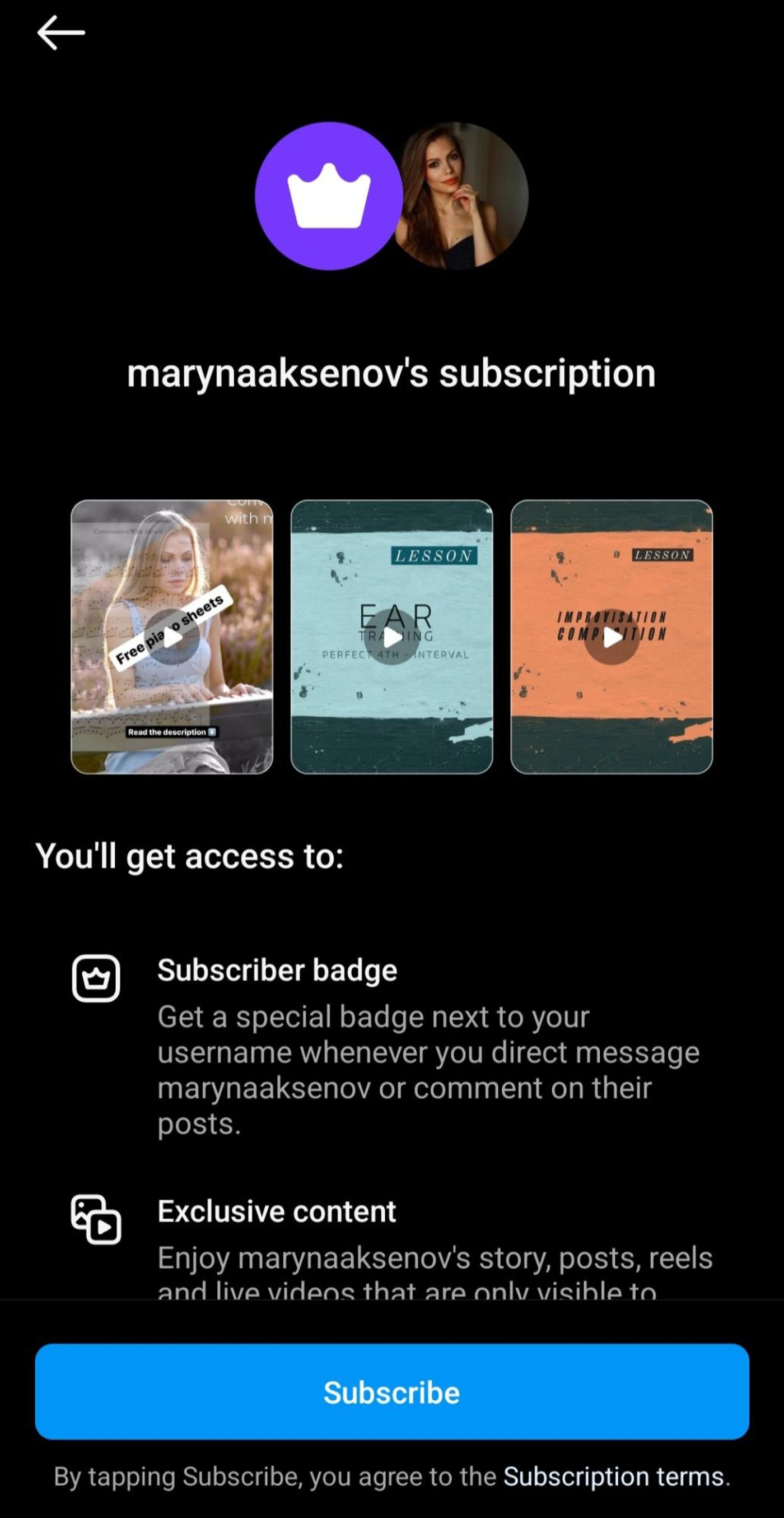 Subscription benefits screen showing exclusive content, badges, and lessons for Maryna Aaksenov fans.