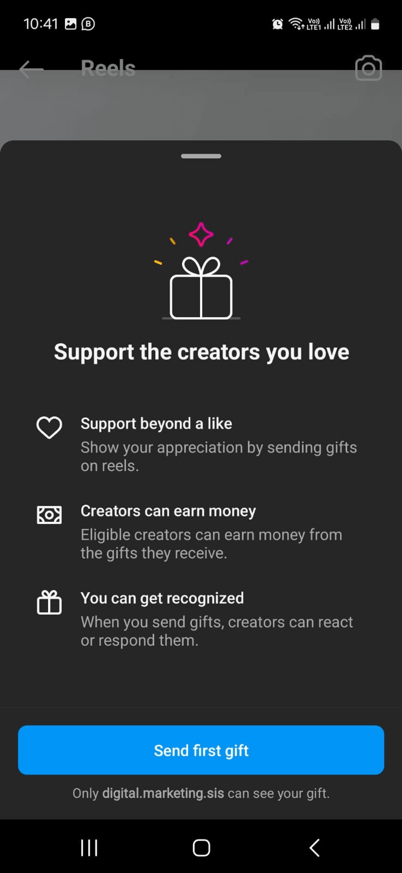 Support creators screen showing 'Send first gift' button, icons, and description for reels.