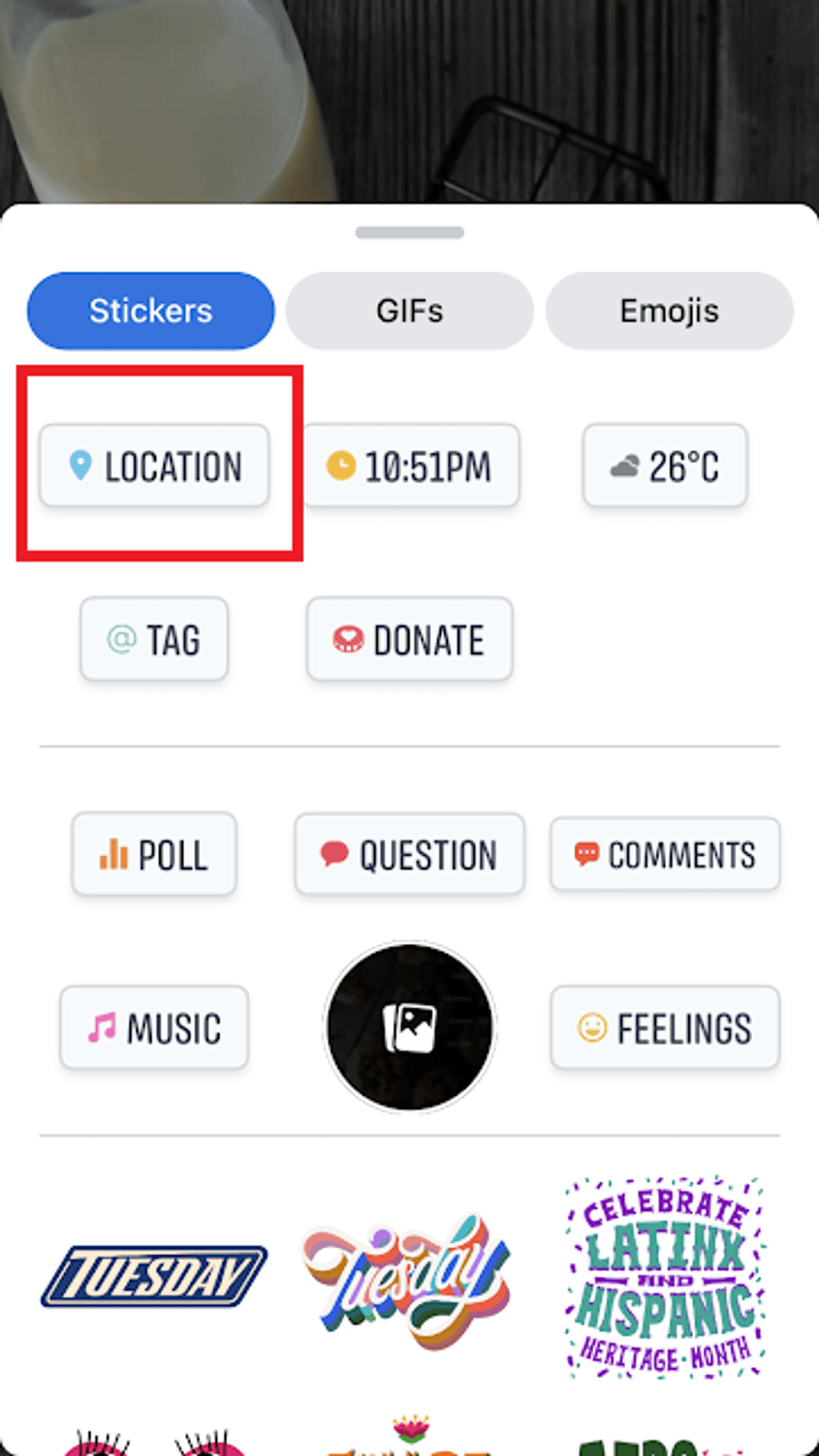 Tag location and add hashtag example for Facebook Stories