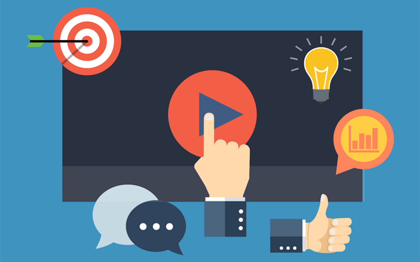 ilustração com um alvo, player de vídeo, balão de conversa, ideia e like