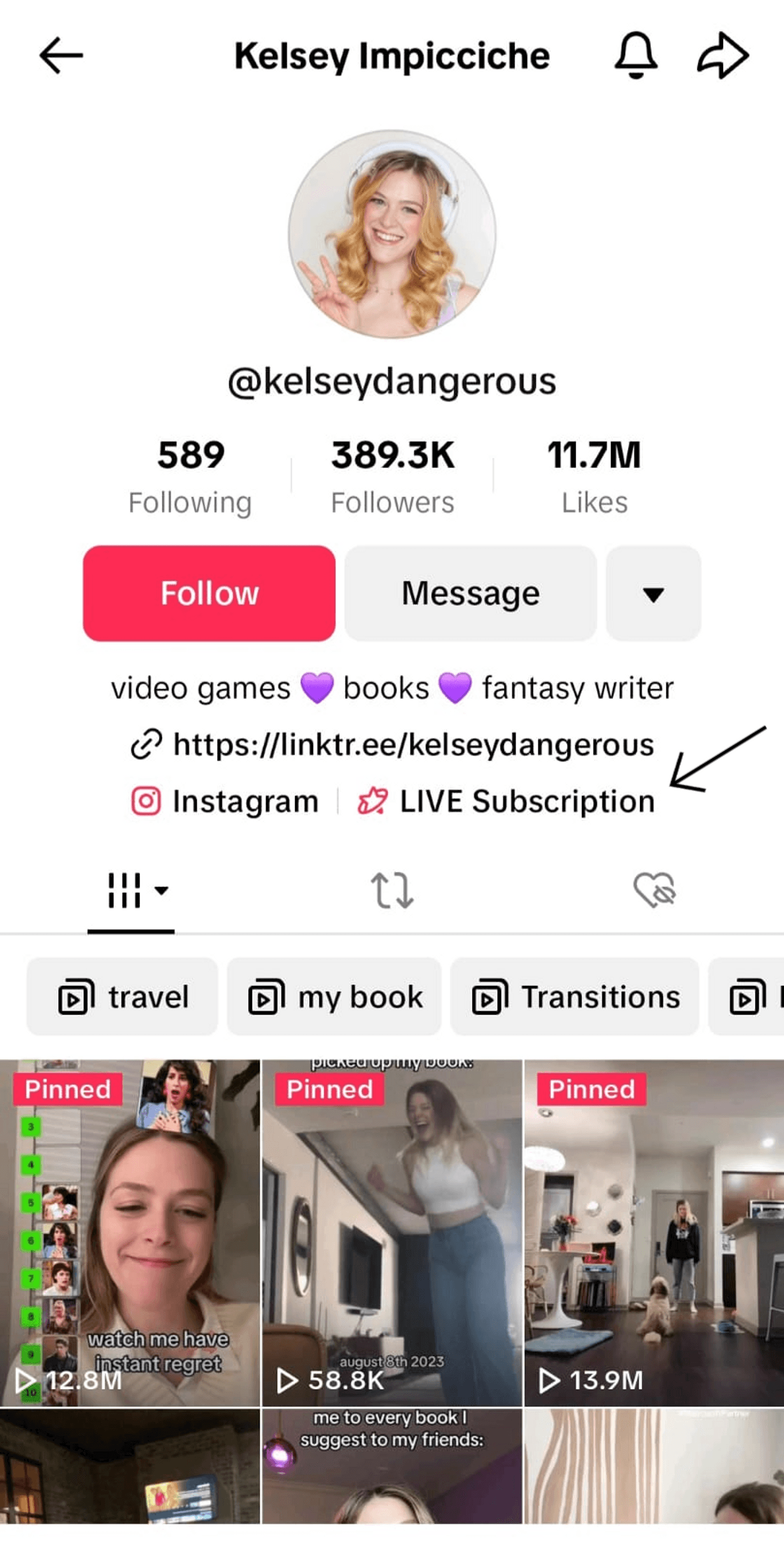 TikTok profile, @kelseydangerous, shows pinned videos, 389.3K followers, arrow points to Instagram link.