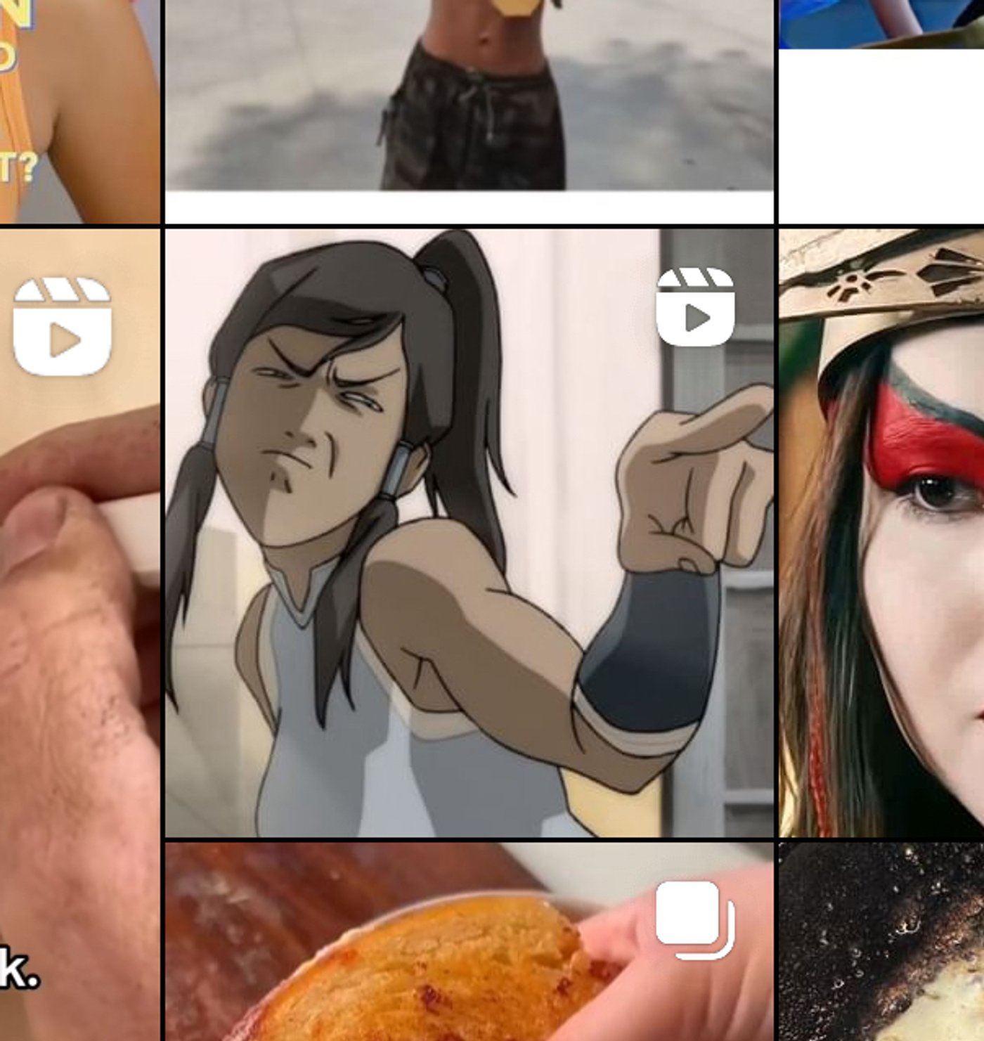 Instagram grid showing animation of Korra pointing, food, and creative makeup art thumbnails.