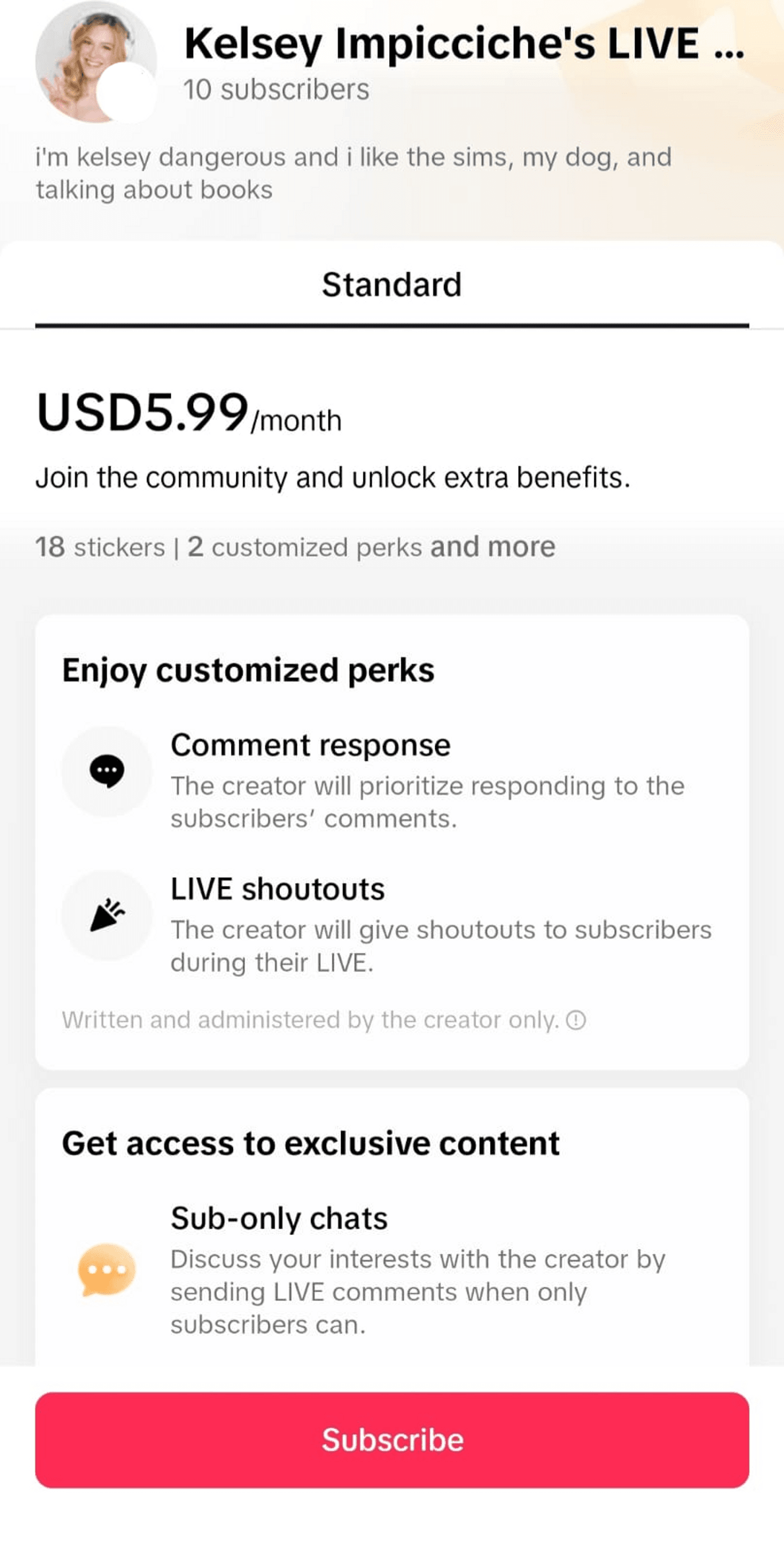 Kelsey Impicciche’s TikTok LIVE subscription is $5.99/month, with perks like comment responses and shoutouts.