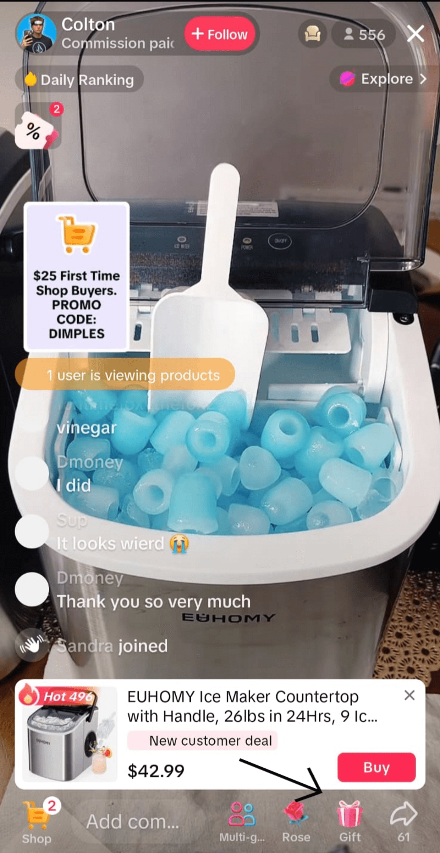 Colton profile promotes Euhomy ice maker for $42.99, with 'Buy' button and viewer comments shown.
