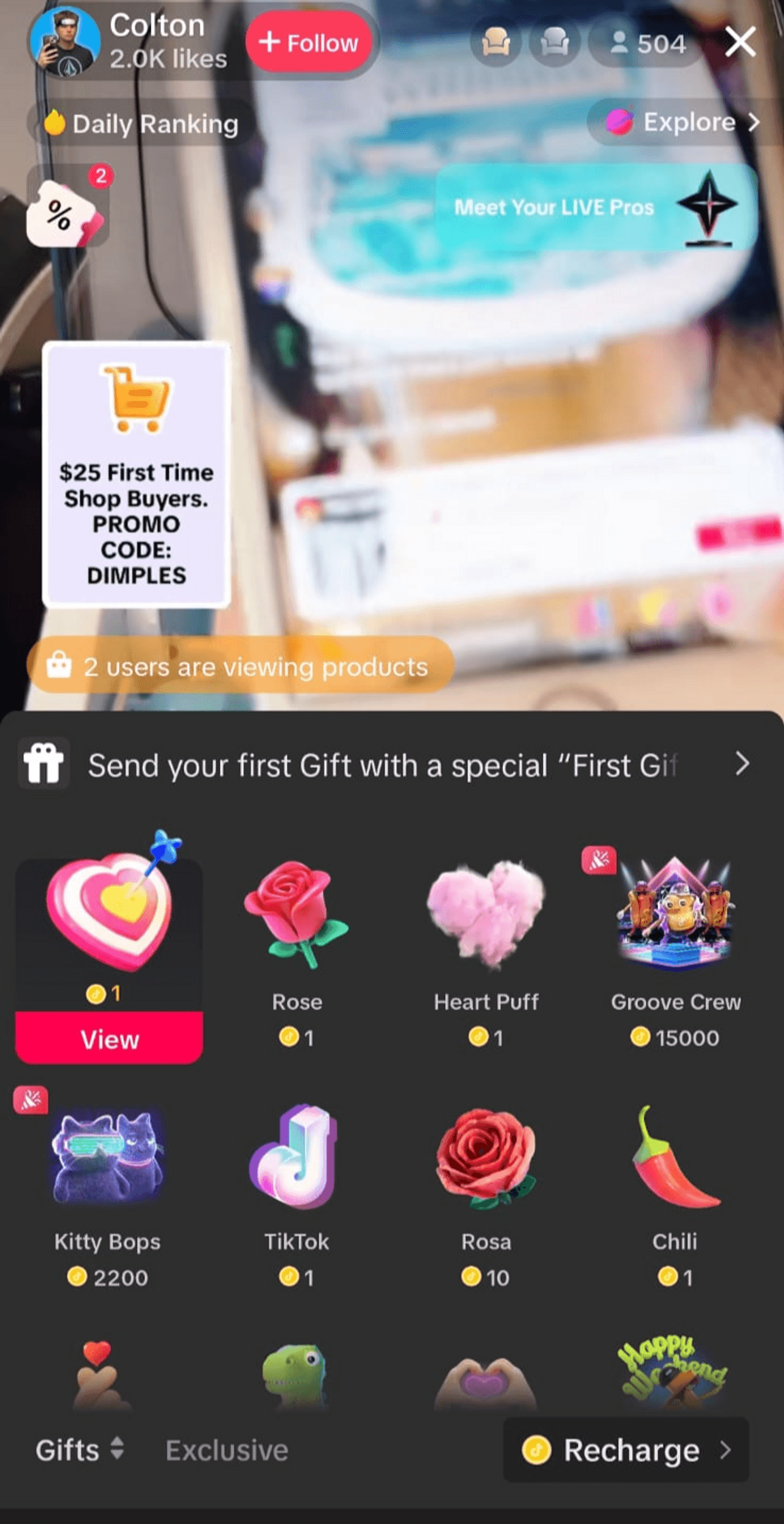 Colton’s live stream offers virtual gifts like roses, heart puffs, and TikTok coins for viewers.