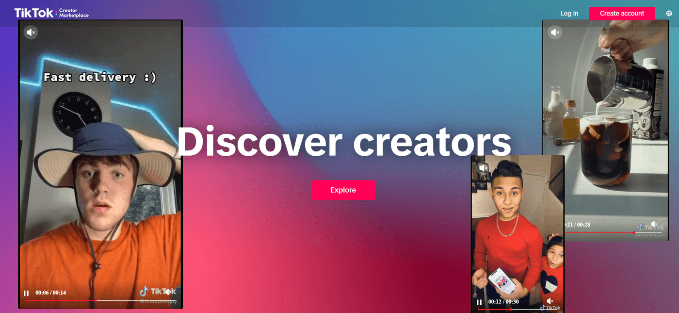 TikTok Creator Marketplace screen promotes discovering creators with engaging videos and fast delivery options.