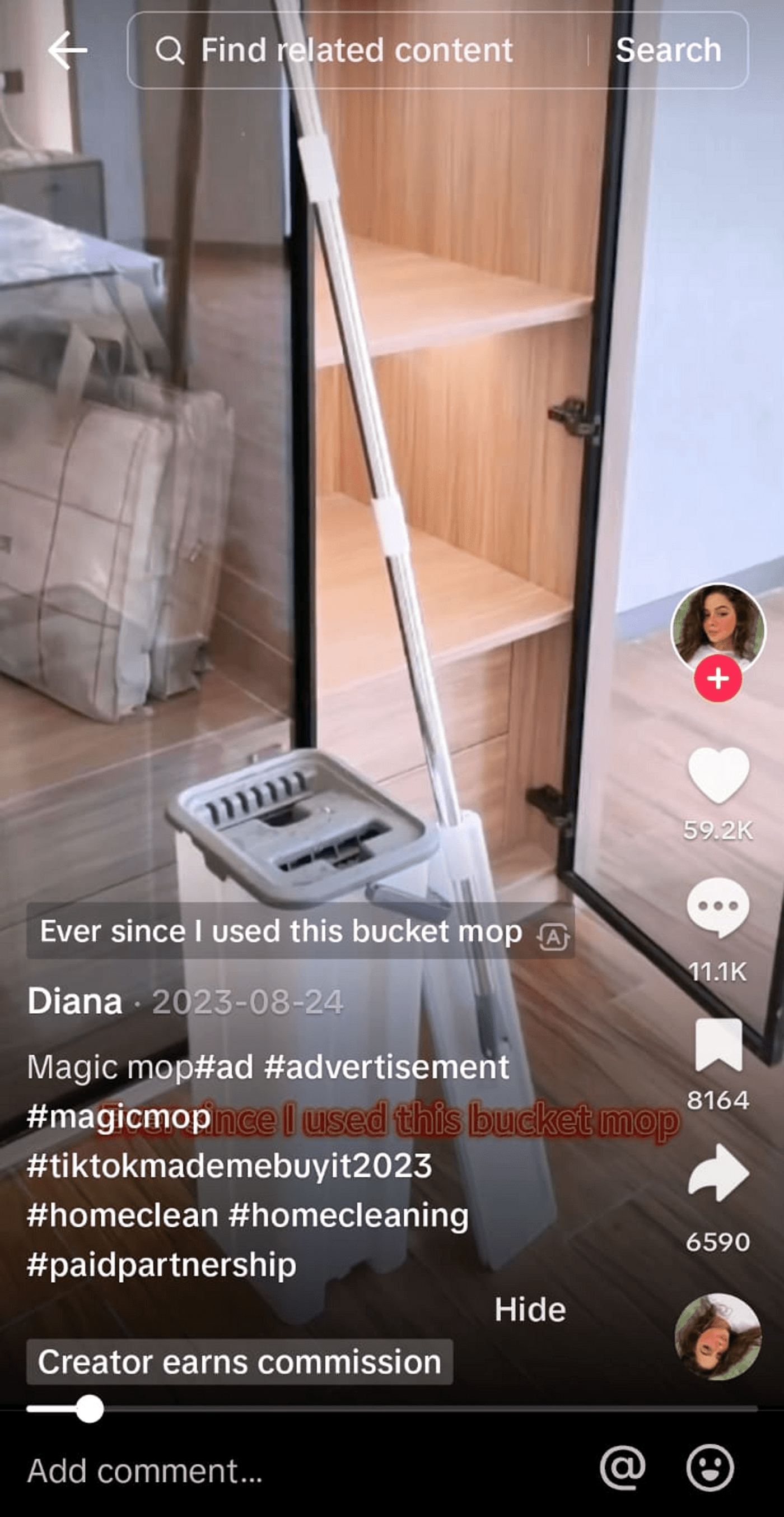 Diana showcases a bucket mop on TikTok with hashtags and earns commission from promotion.