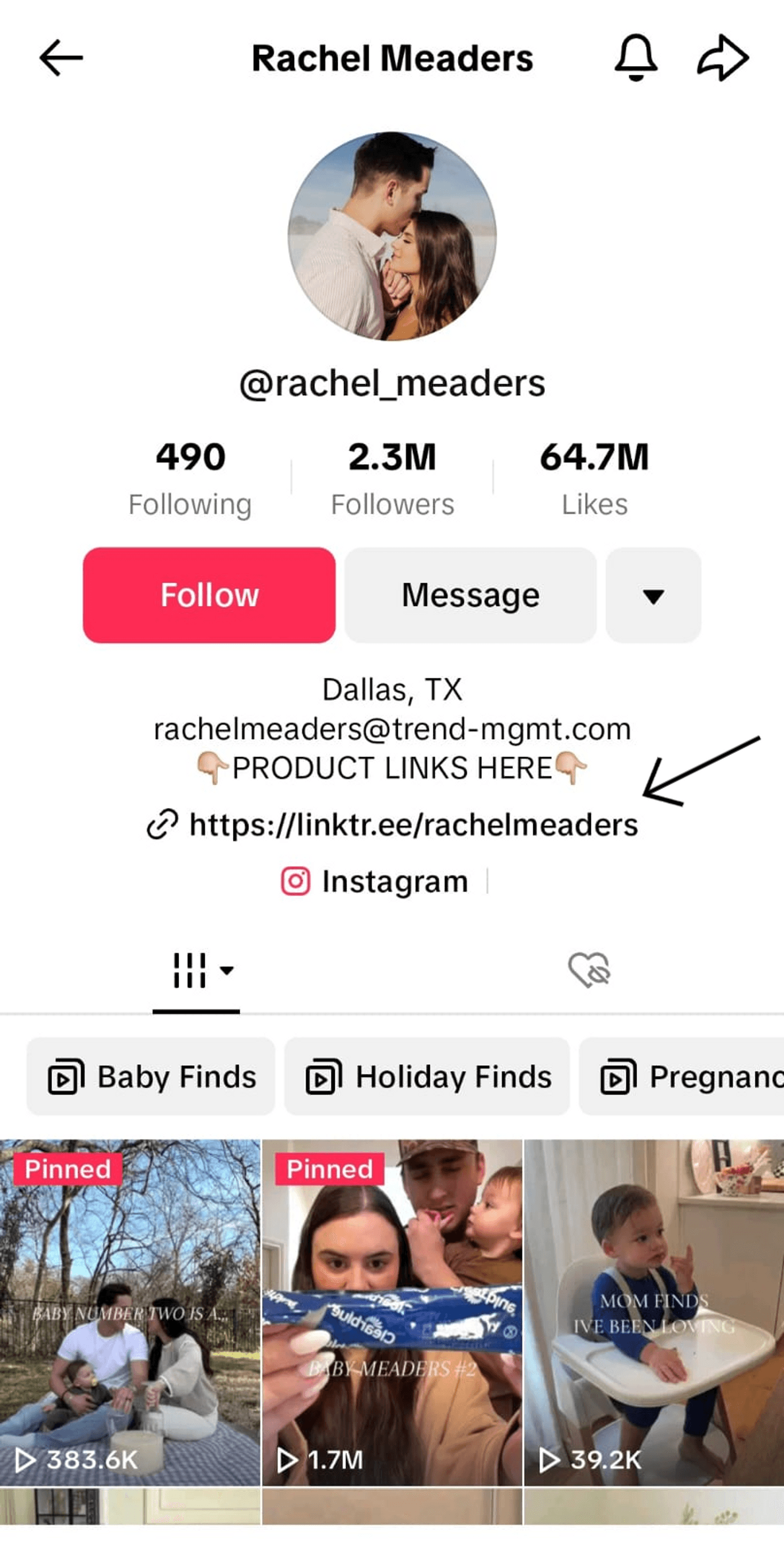 Rachel Meaders’ TikTok profile with 2.3M followers, link to product page, arrow pointing.