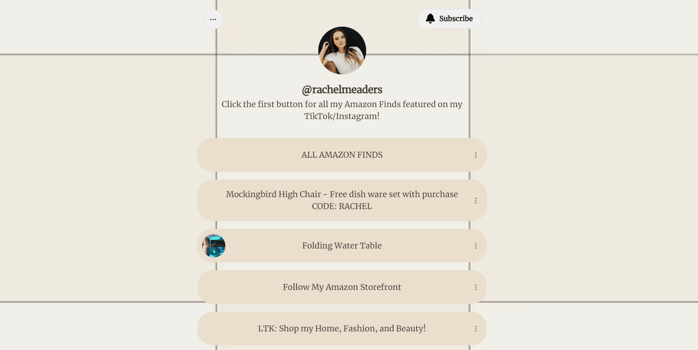 Rachel Meaders’ Amazon storefront features products like high chairs and tables with promo codes.