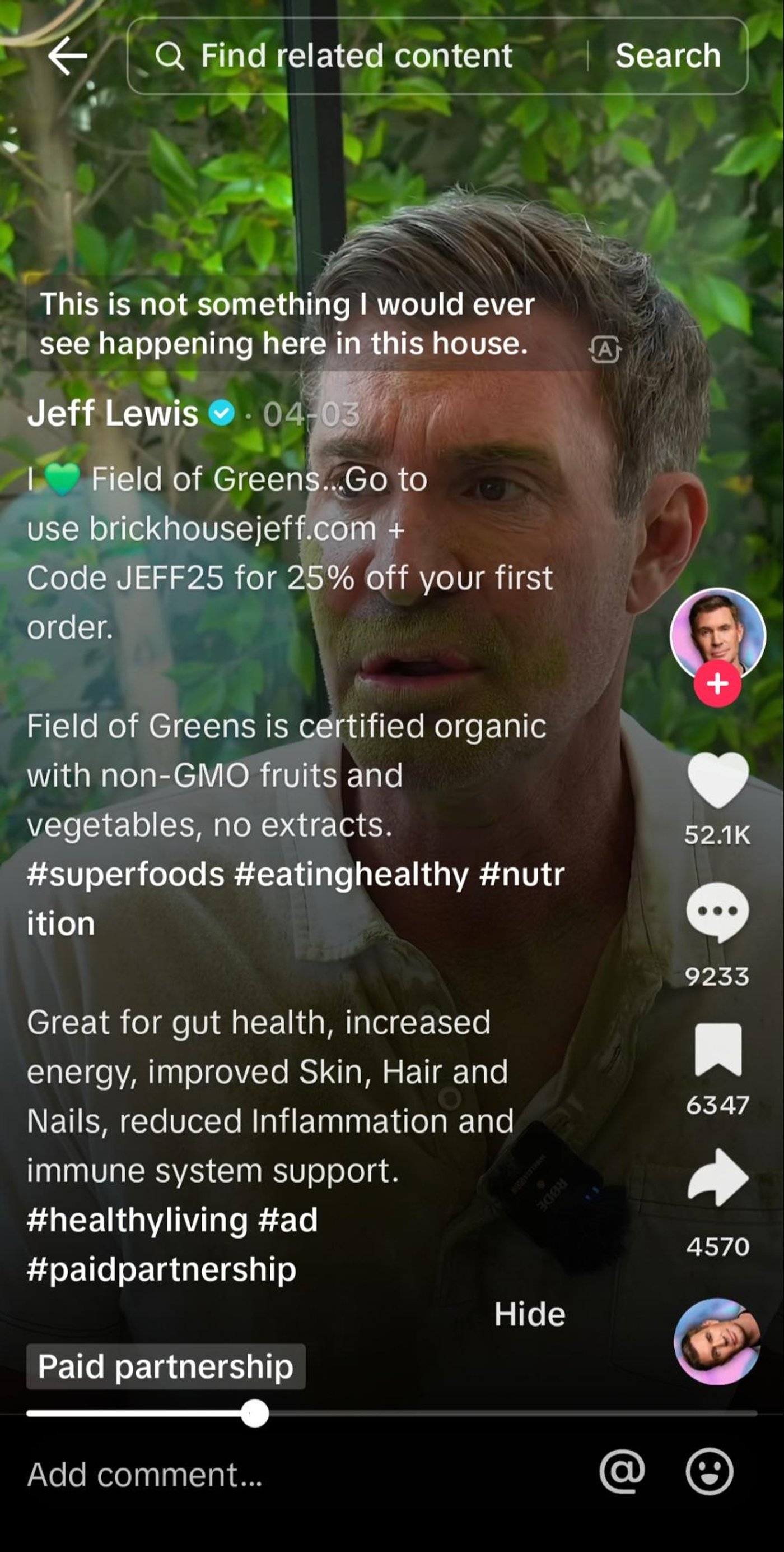 Jeff Lewis shares a promotion for Field of Greens, highlighting health benefits and discount code.