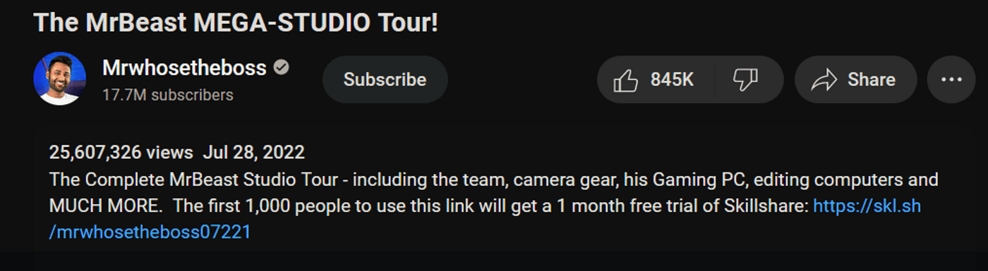 YouTube video description of 'The MrBeast MEGA-STUDIO Tour' by Mrwhosetheboss with views and likes displayed.
