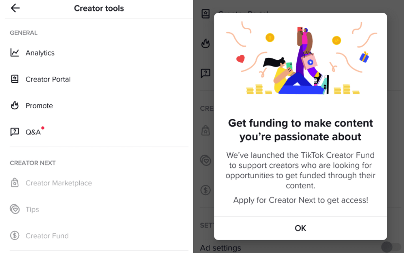 TikTok Creator Tools screen with pop-up about funding support for creators through Creator Fund.