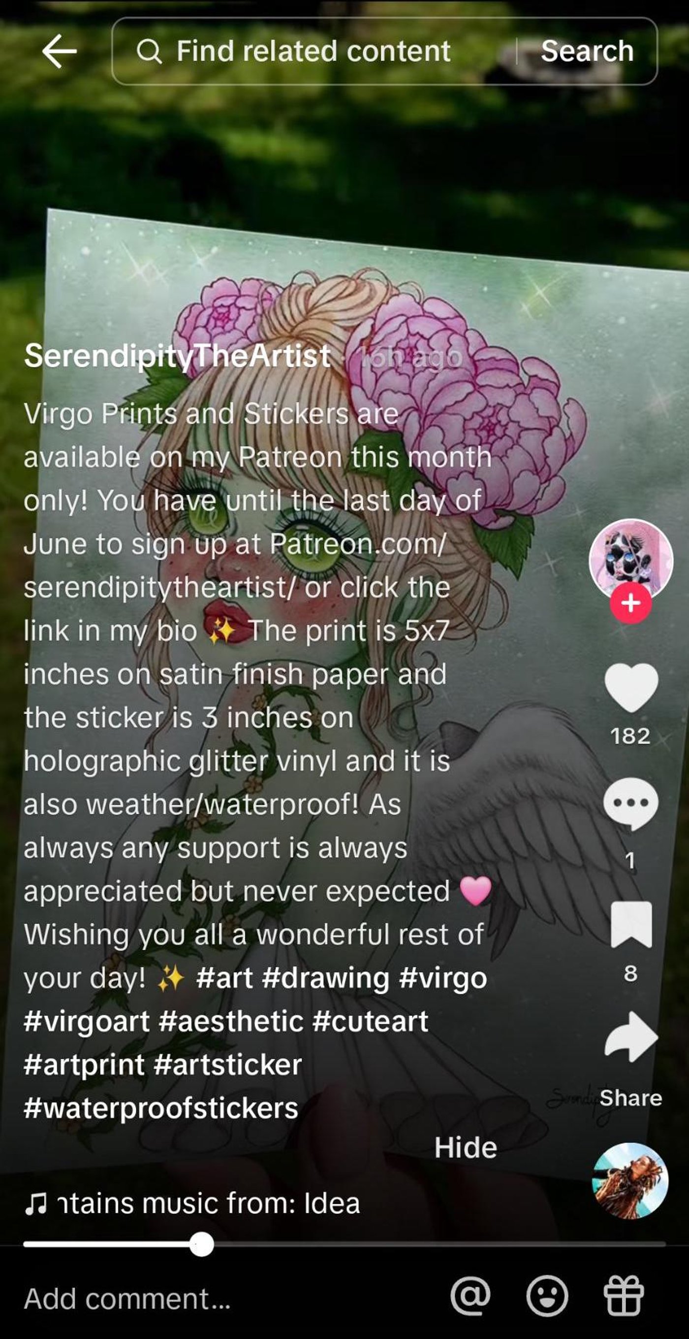 Artist SerendipityTheArtist shares Virgo prints and stickers available on Patreon, showcasing her artwork.