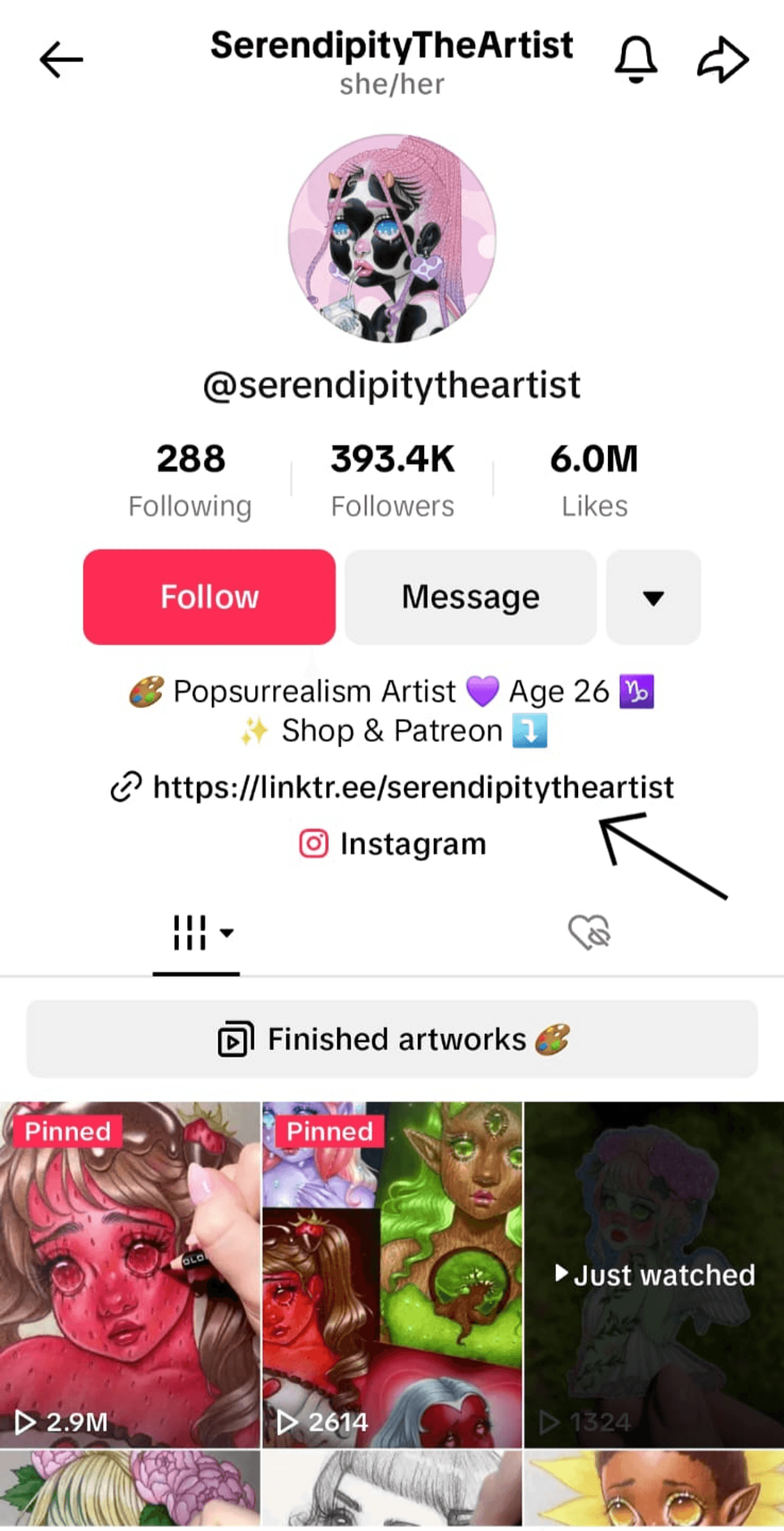 SerendipityTheArtist's TikTok profile shows her art, 393.4K followers, and a link to products.