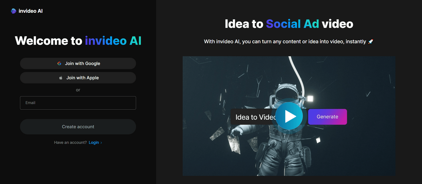 Welcome page of Invideo AI with options to create an account and generate videos instantly.