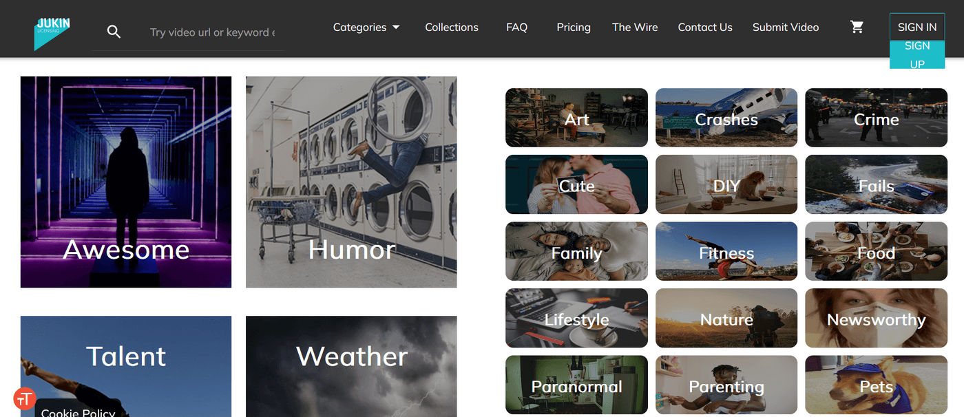 Jukin Licensing homepage showcasing video categories like humor, fitness, food, lifestyle, talent, and parenting.