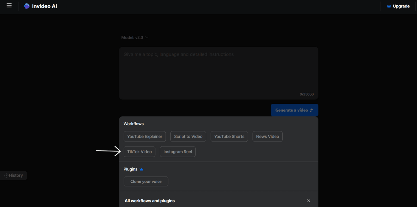 Invideo AI interface showing TikTok Video workflow with arrow pointing at the selected option.