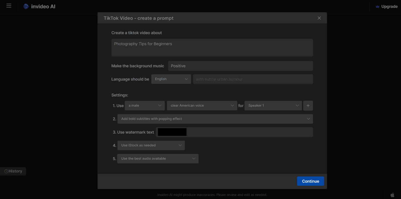 Invideo AI prompt setup for creating a TikTok video with options for voice, subtitles, watermark.