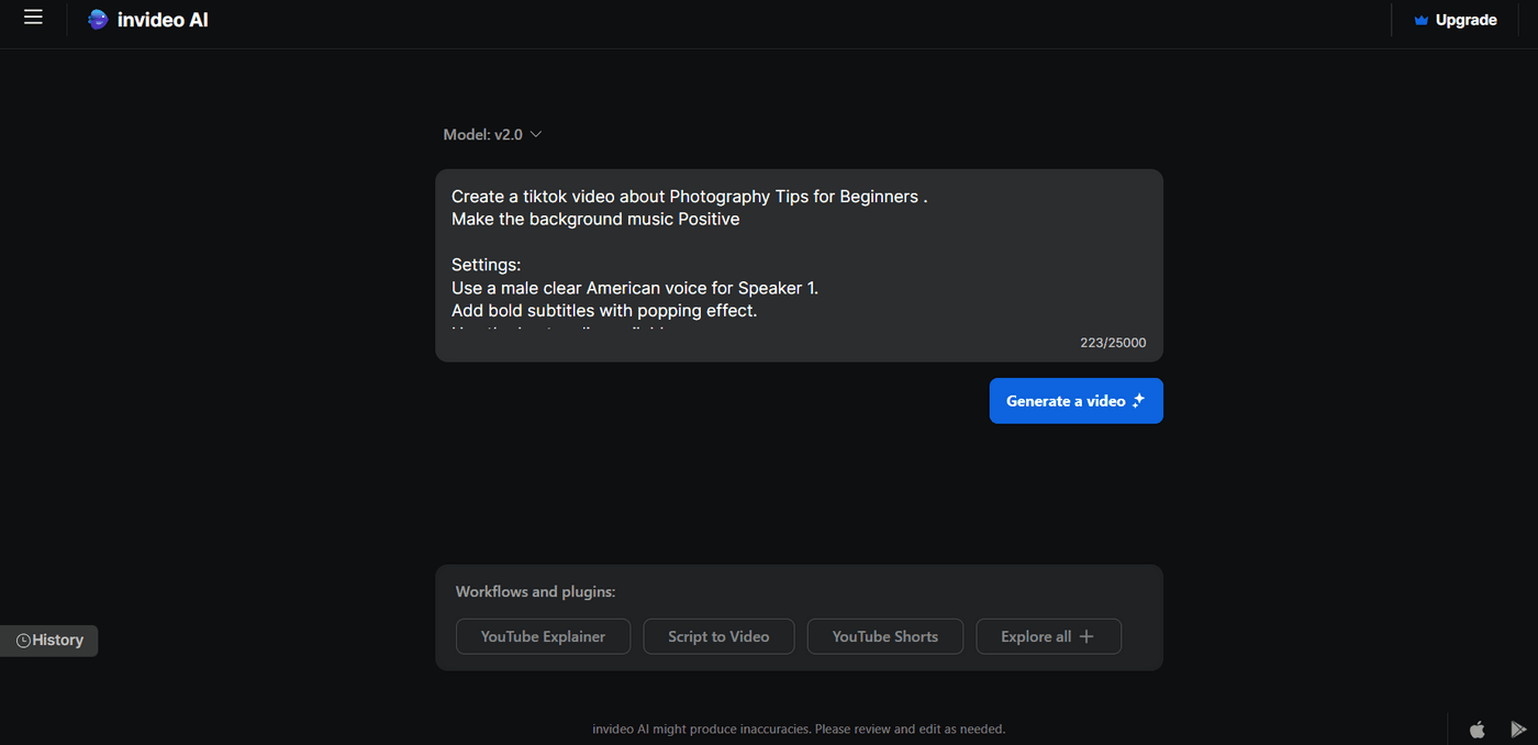 Invideo AI interface with prompt for creating TikTok video on beginner photography tips, settings applied.