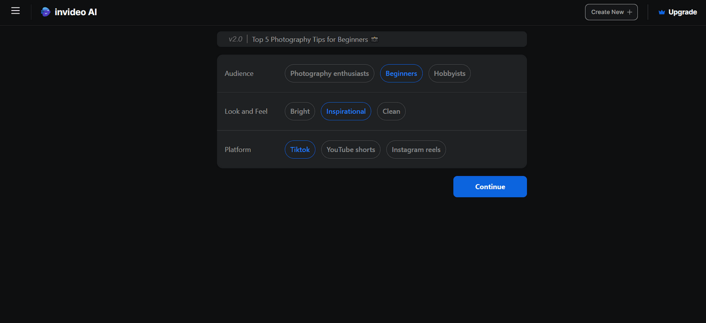 Invideo AI interface for creating an inspirational TikTok video on photography tips for beginners.