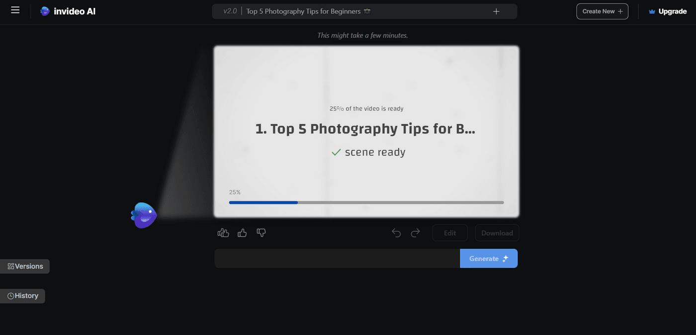 Invideo AI interface showing progress in generating a video titled 'Top 5 Photography Tips for Beginners'.