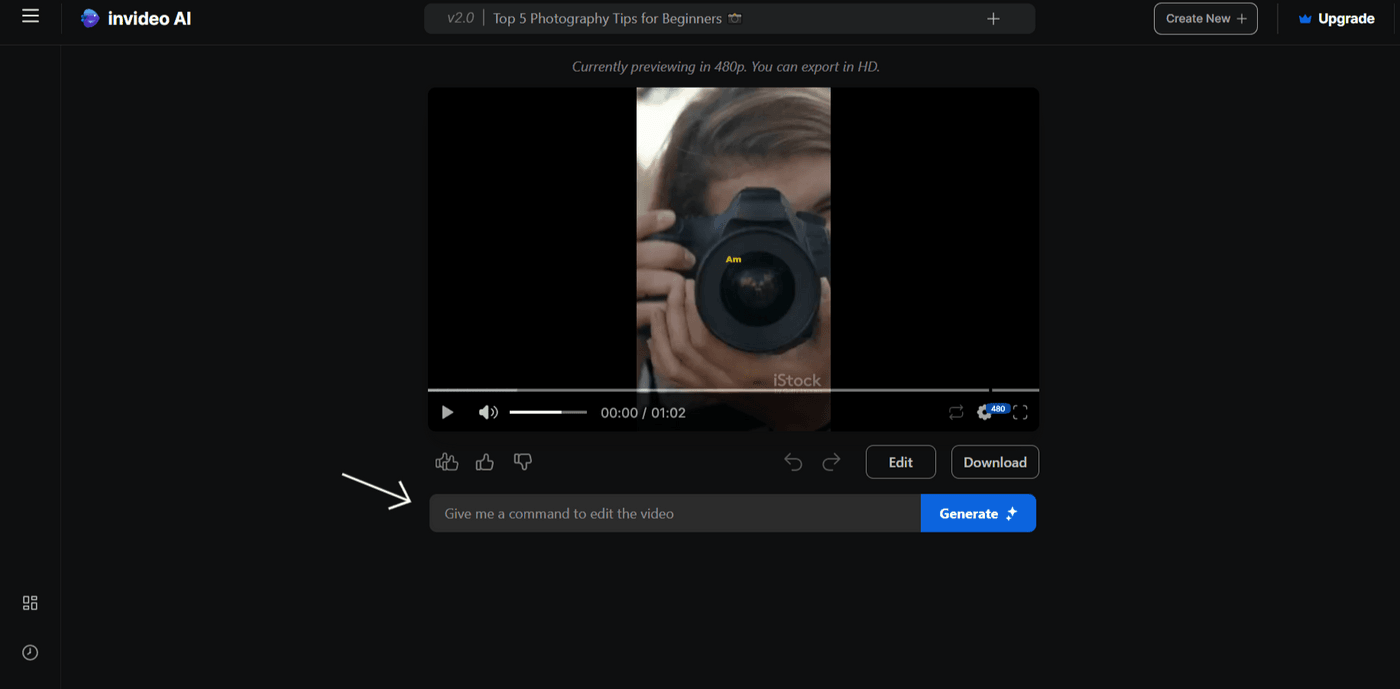 Invideo AI preview screen showing a video in progress with edit command option highlighted."
