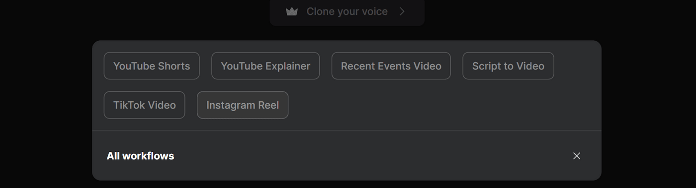 Workflow options for creating YouTube Shorts, explainers, TikTok, Instagram, and event videos.