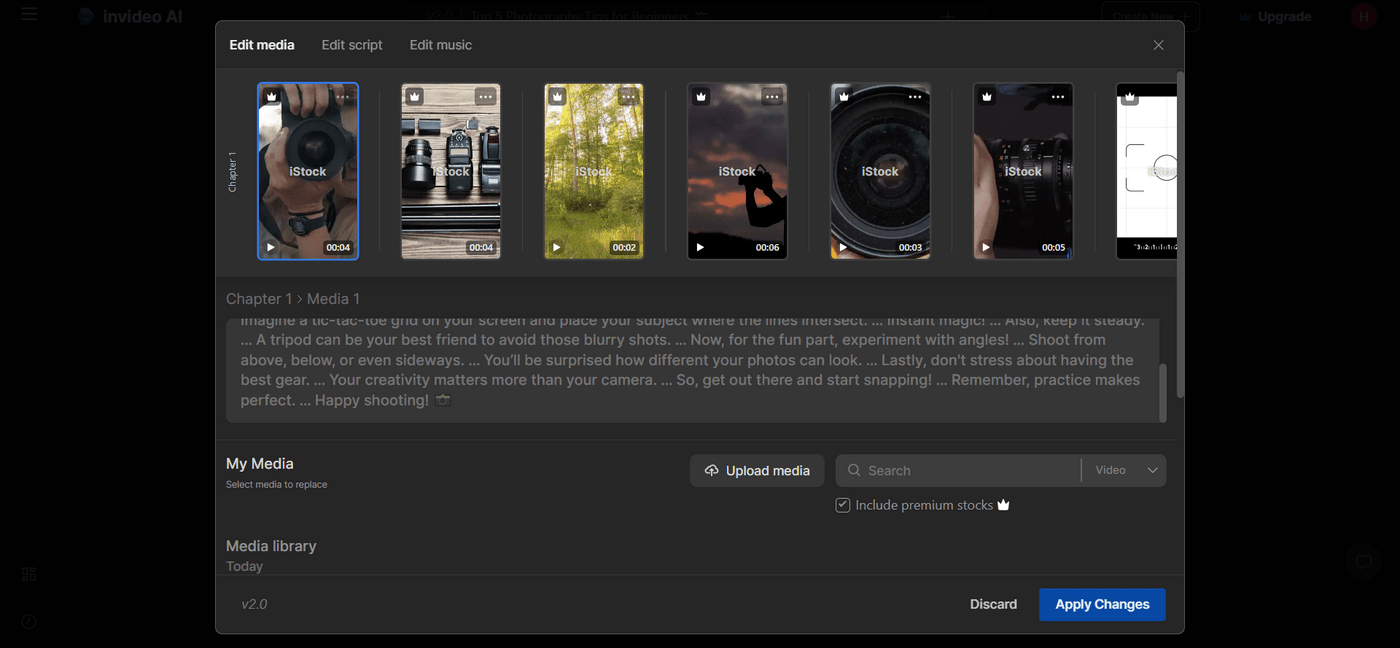 Invideo AI edit screen displaying media clips and script for a video, ready to customize.