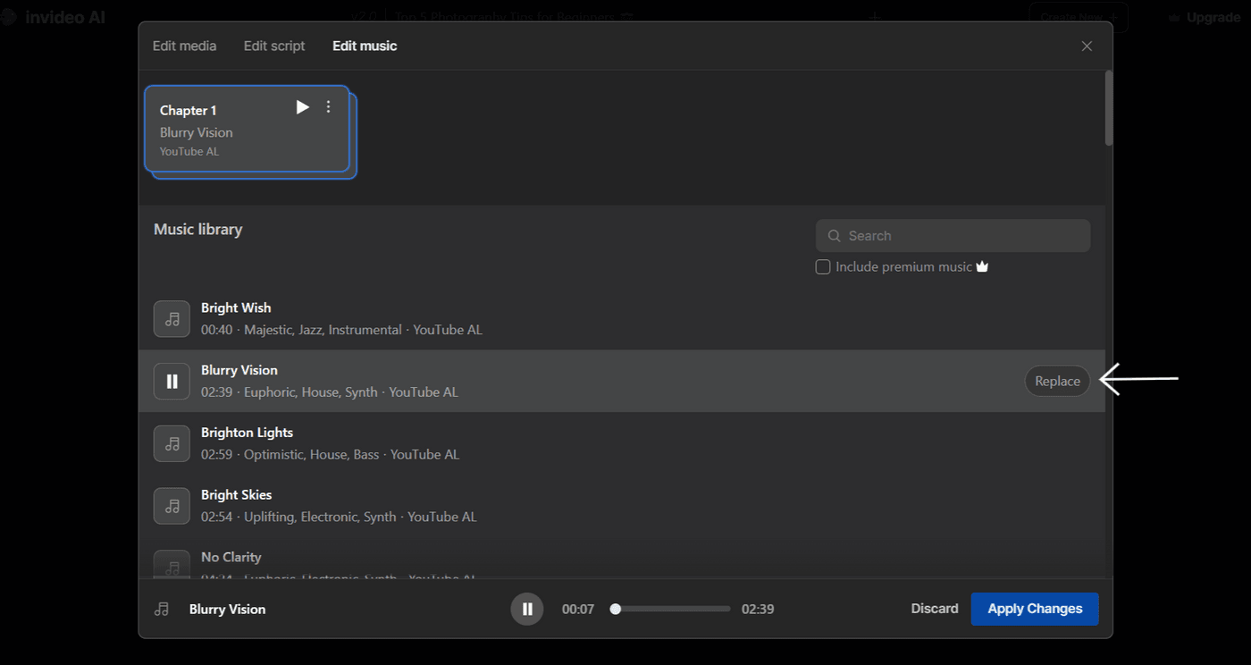 Music selection screen in Invideo AI showing 'Blurry Vision' track with replace option highlighted.