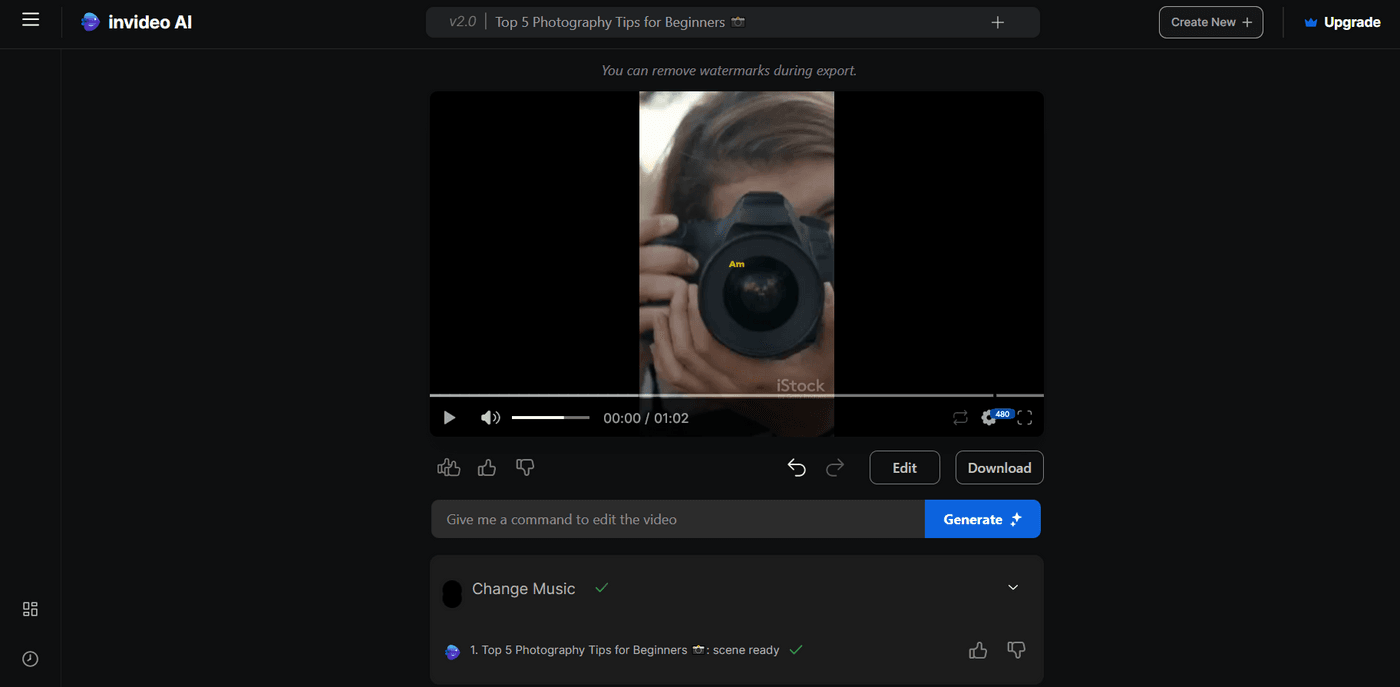 Video preview screen in Invideo AI for 'Top 5 Photography Tips for Beginners' with music changed.