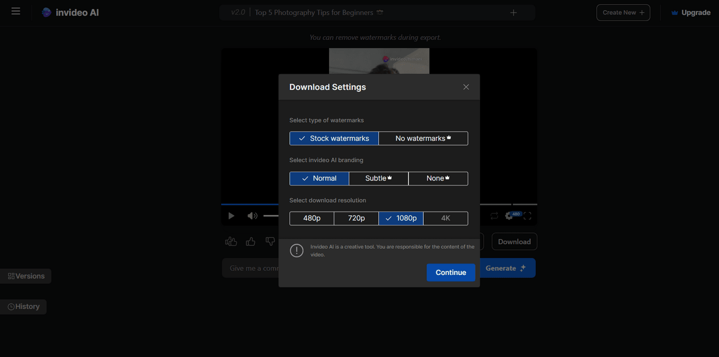 Download settings menu in Invideo AI with options for watermark, branding, and resolution selection.